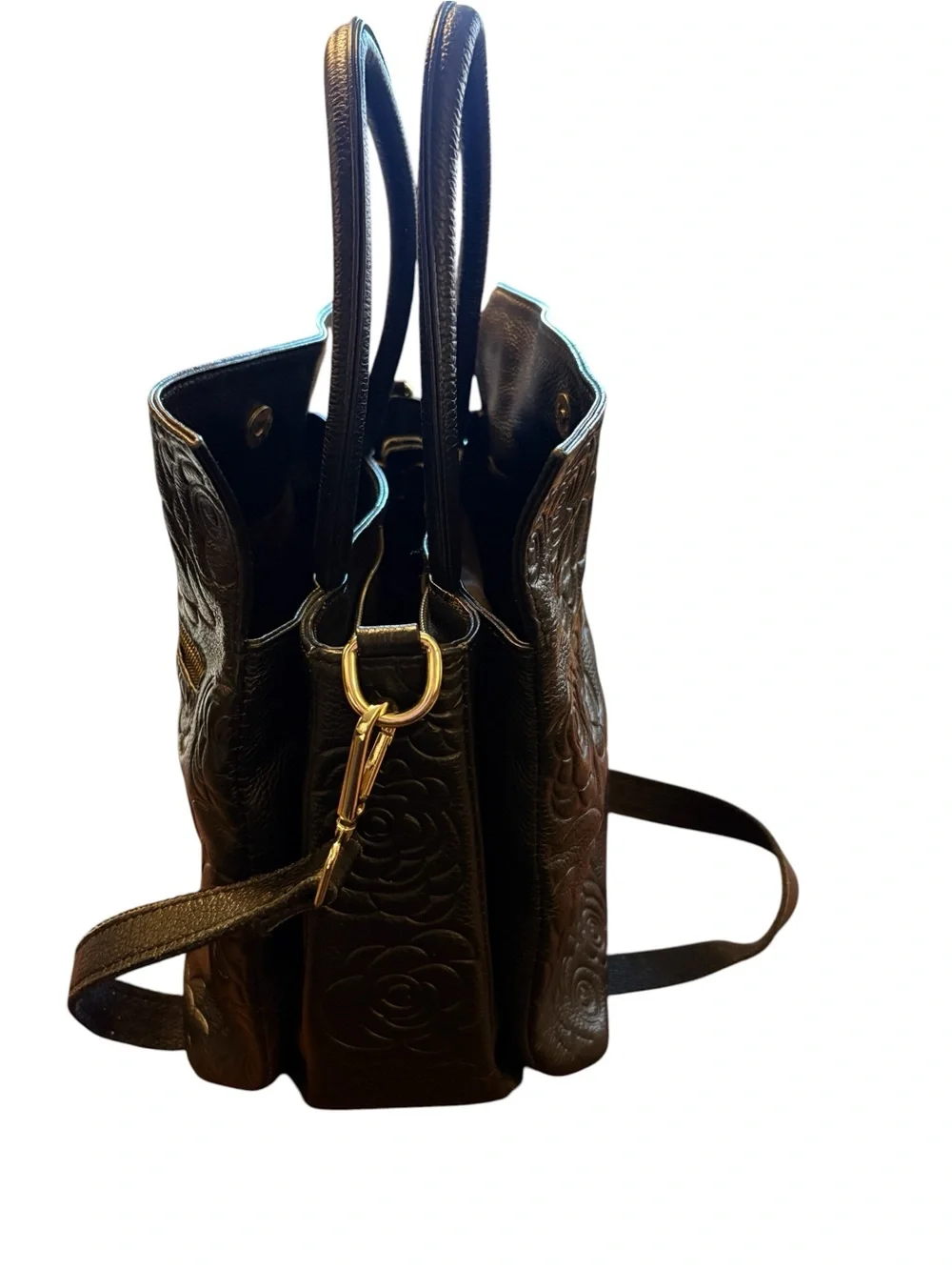 Realer Black Embossed Floral Leather Shoulder Bag with Detachable Strap